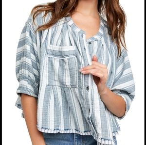 Free People‎ We the Free Lisbon Stripe Button Up Cropped Shirt Size XS Oversized